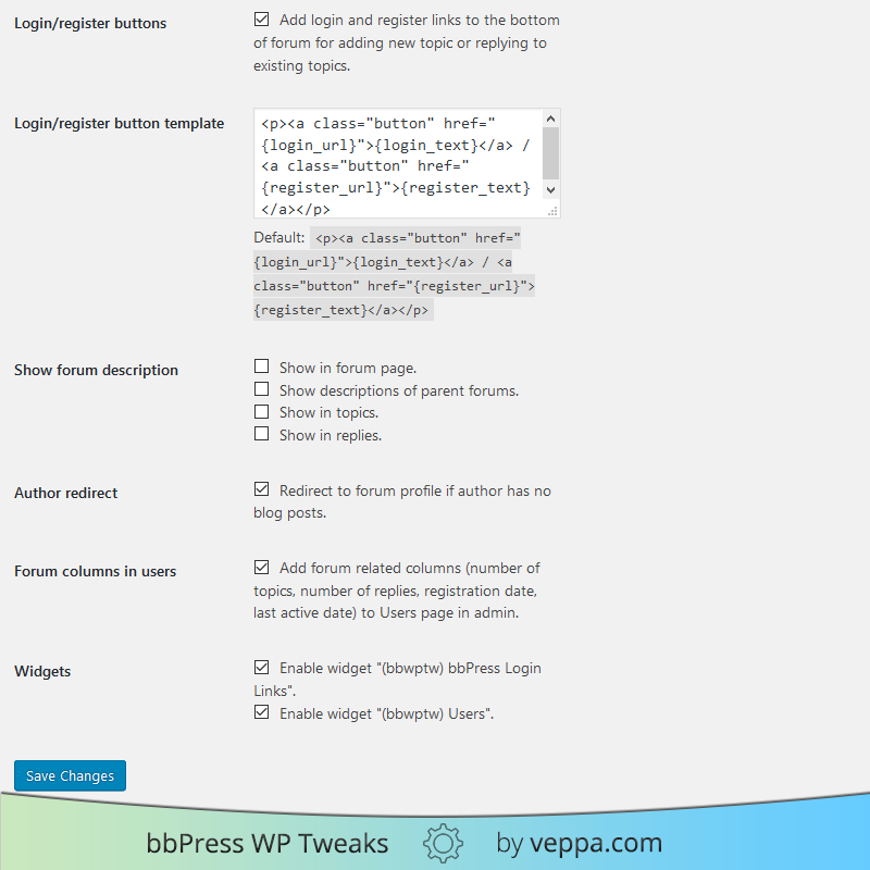 bbPress WP tweaks Plugin options page continues