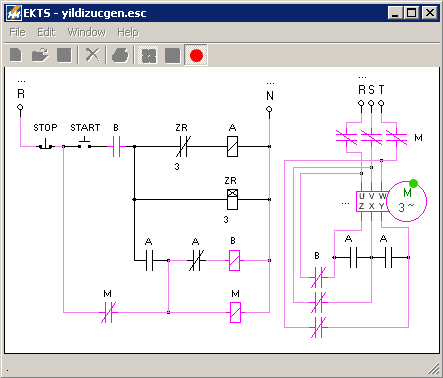 Electrical Control Techniques Simulator (EKTS) screen with working 3 phase motor circuit.