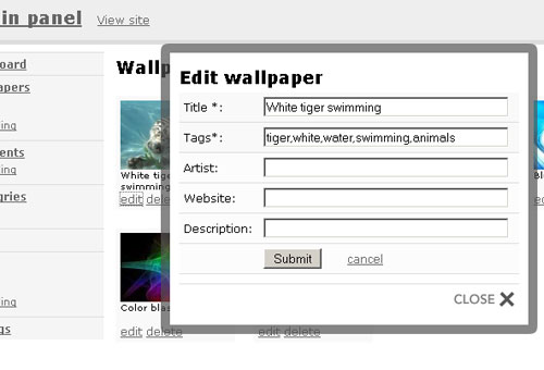 Edit wallpaper screen. Editing done with use of ajax.