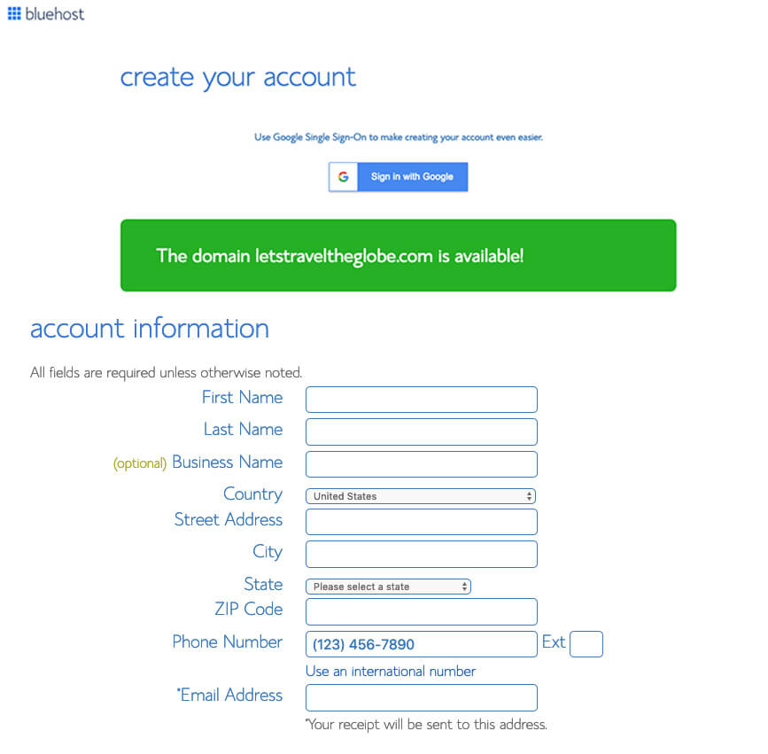 Create host account to start a blog. Fill in your details.