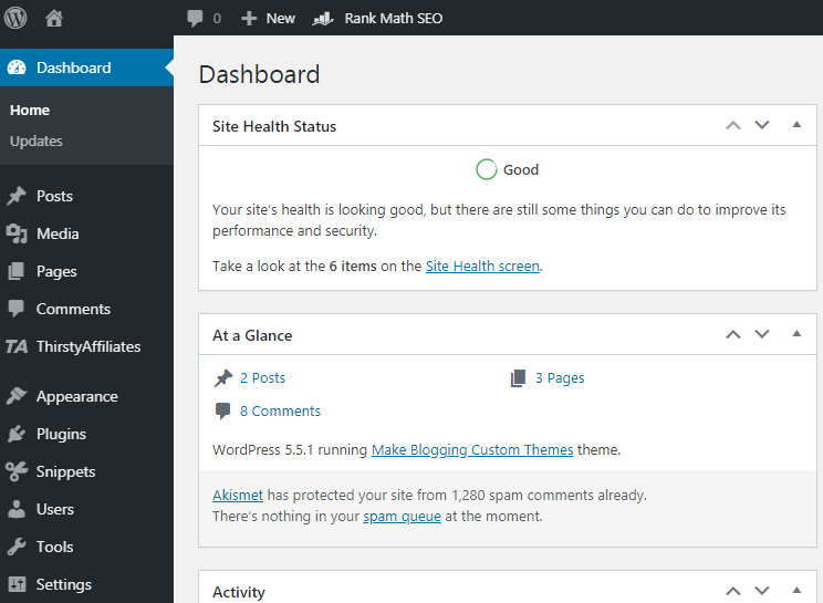 Start a blog: view WordPress dashboard.