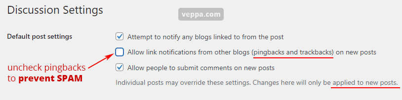 Wordpress setting: Uncheck pingback to prevent spam.