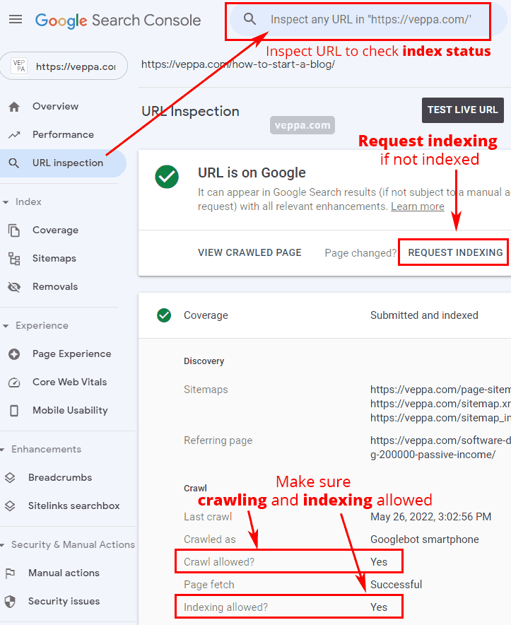 Request indexing a page inside Google URL inspection tool