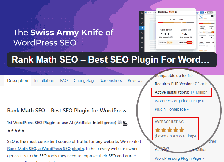 Rank Math SEO plugin 1 million active users, 5 star rating on WordPress repository
