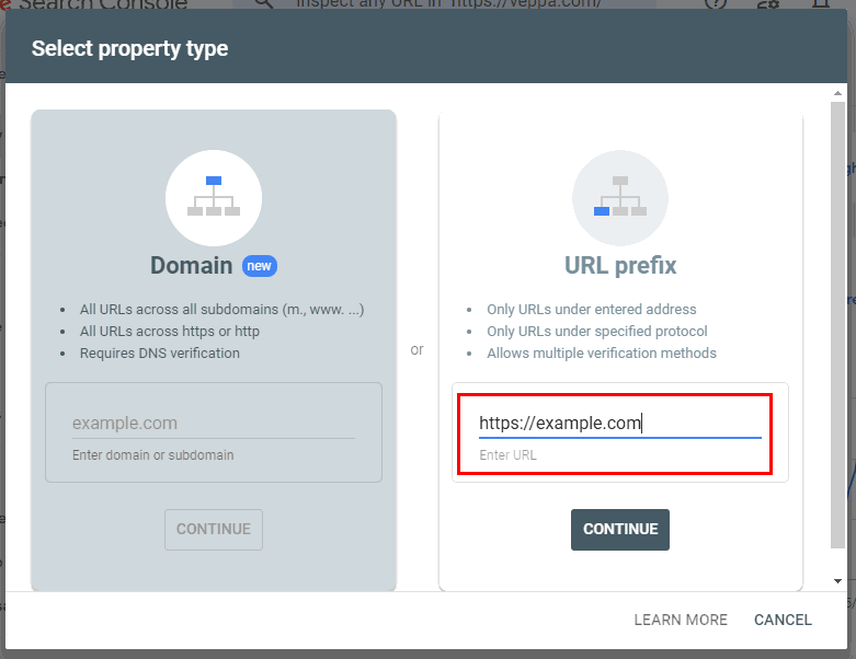 Add website URL to search console