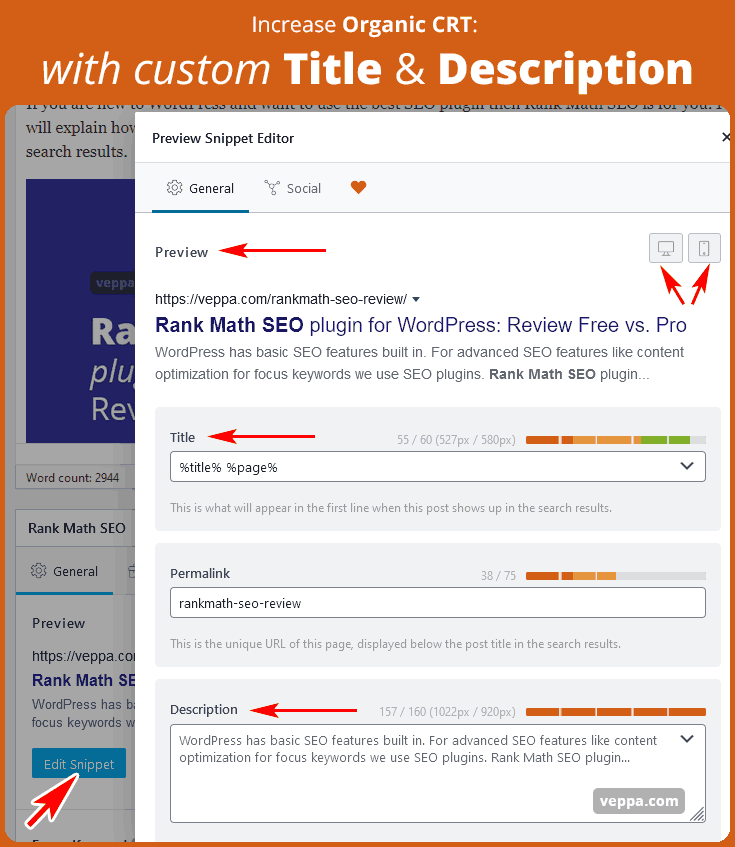 Increase organic CTR: use custom title and description for every WordPress post, page and category. SEO plugins have suctom meta title and description feature. 