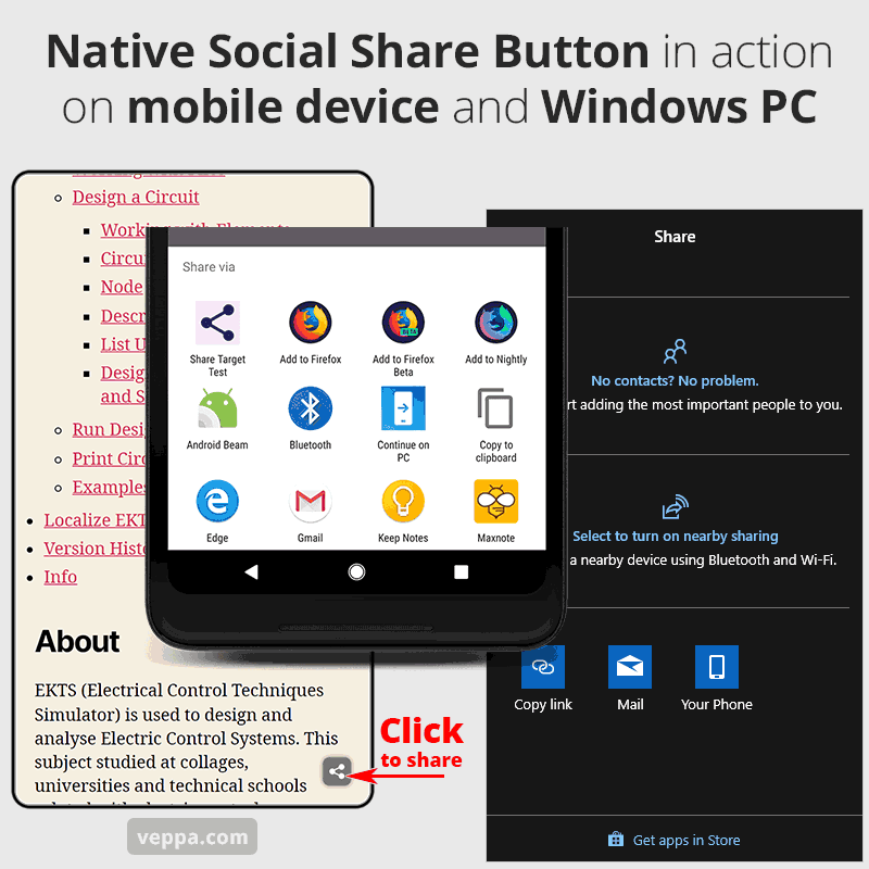 Native social share button in action on mobile device and Windows PC.