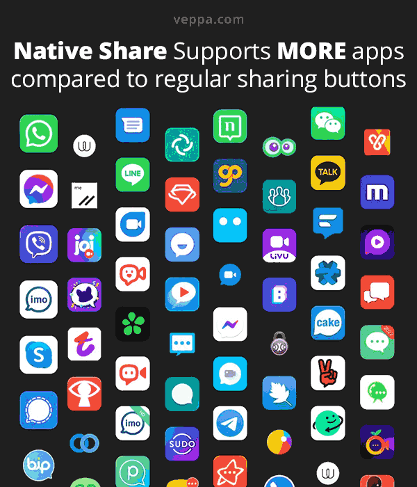 Native share button supports much more apps and networks compared to regular social share buttons.