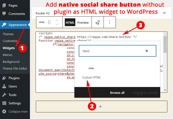 Add share button code to WordPress as HTML wisget.