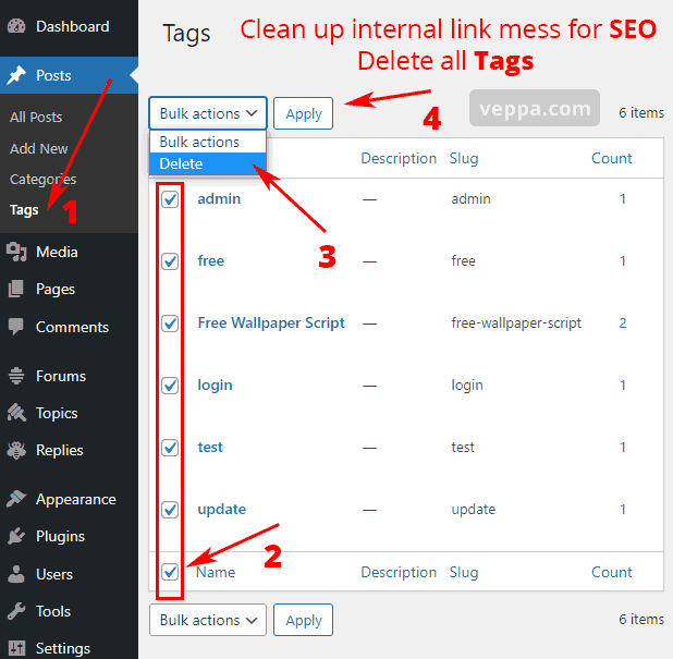 Remove tags to clean up link structure in WordPress for SEO.