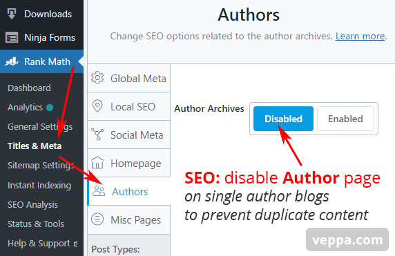 Disable author page for single author blog for SEO and prevent duplicate content. 