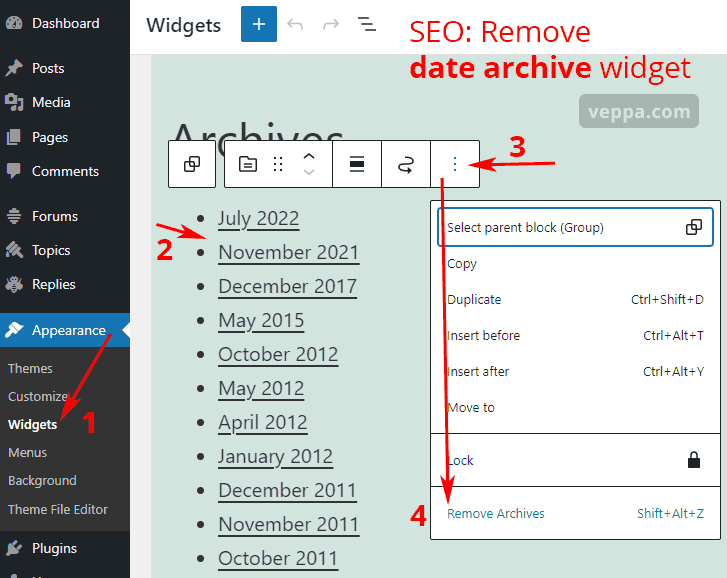 Remove date archives from sidebar widget for better site structure SEO.