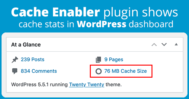 Cache Enabler plugin shows cache data stats in WordPress dashboard.