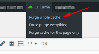 Cache clearing button of Super Cache For Cloudflare plugin in WordPress admin bar.