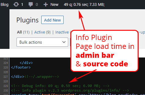 Info plugin to measure WordPress speed. Shows page generation time, number of queries and memory usage.