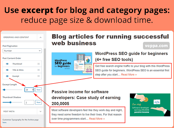 Use post excerpts to reduce page size and prevent duplicate content.