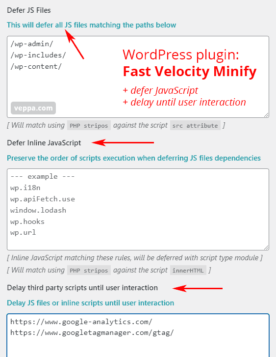 Defer and delay not critical JavaScript files with Fast Velocity Minify plugin in WordPress.