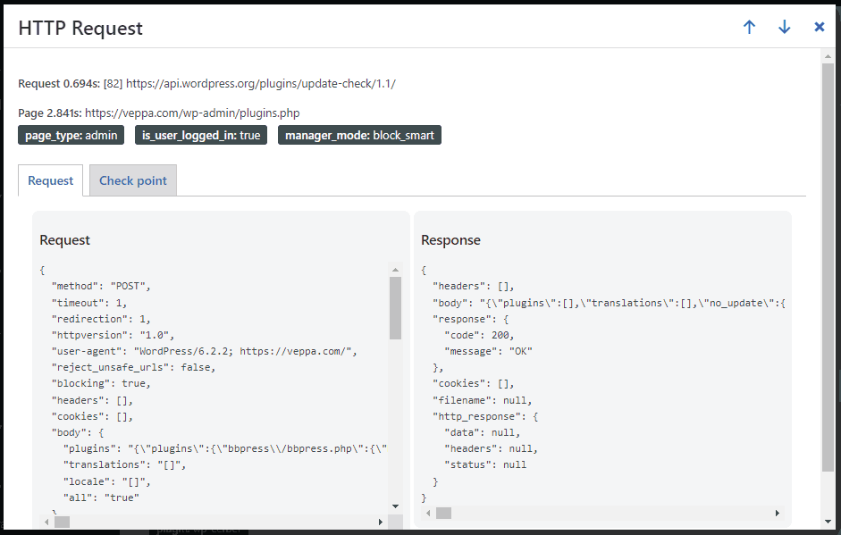 View request details and remote server response data. Check what information sent from your WordPress website.