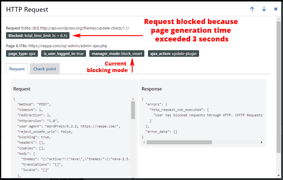 WP_HTTP request blocked because of page generation time exceeded 3 seconds. 