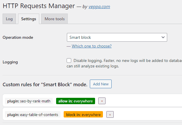 HTTP requests manager settings page. Disable logging if you do not want to log new requests. 