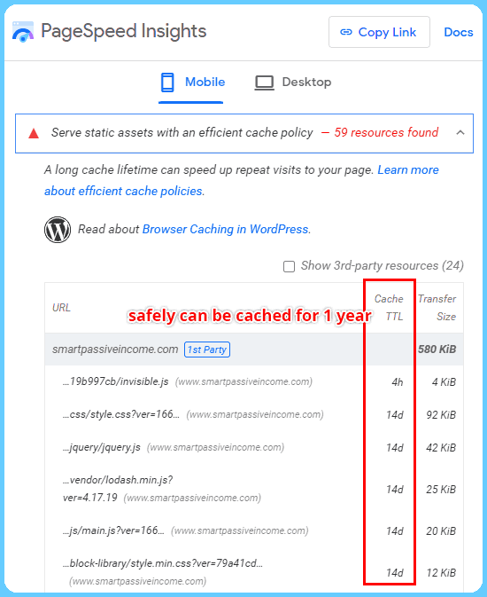Optimize page requests for repeat view with browser caching for one year.