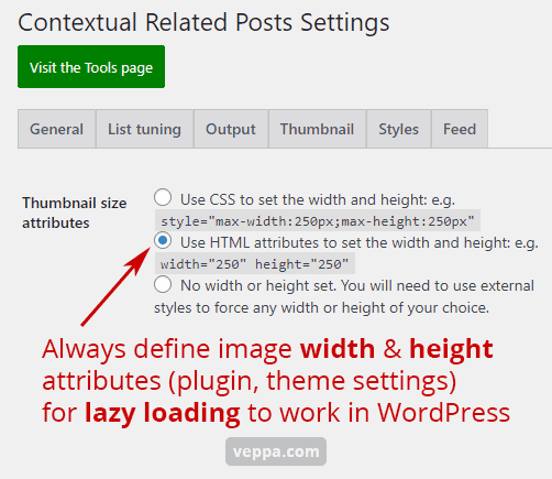 Always define image width and height attributes in html for applying lazy loading by WordPress system.