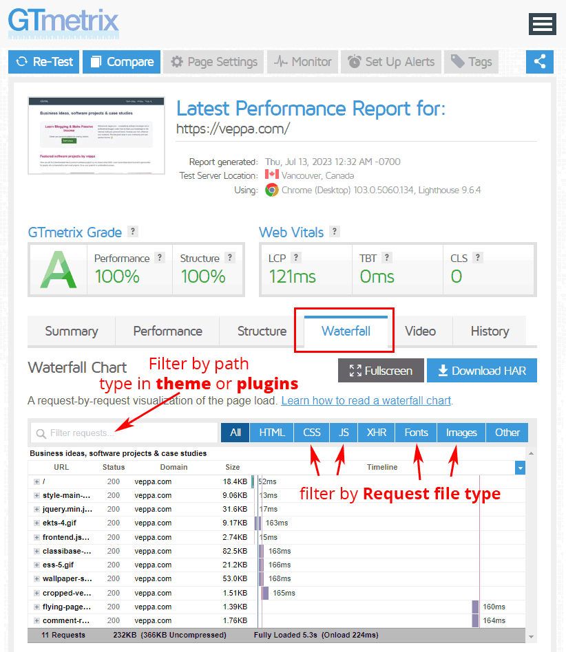 Filter page requests by type and path in GTmetrix report for knowing where to optimize.