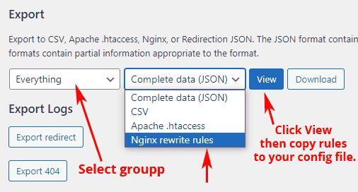 Export redirect rules from Redirection plugin for Nginx config file.