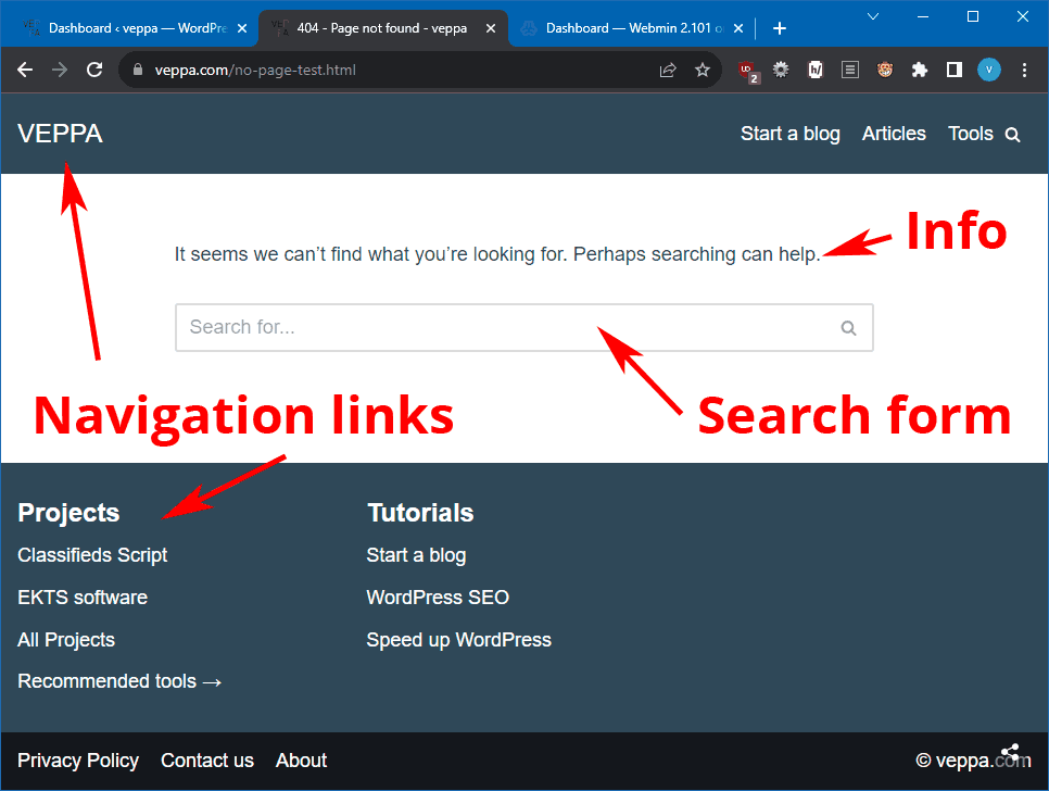 Helpful 404 page for my website with navigation links and site search form.