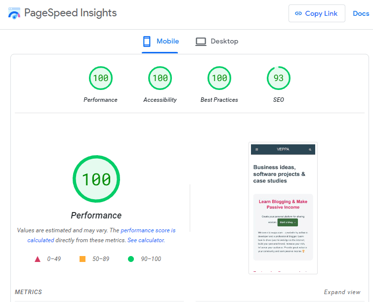 PageSpeed Insights shows great score for my website veppa.com