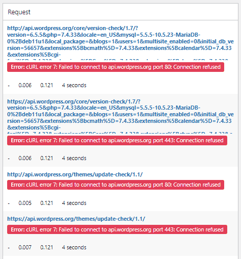 Connection refused to api.wordpress.org error related to network.