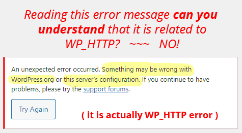 WordPress does not show helpful error message to WP_HTTP errors.