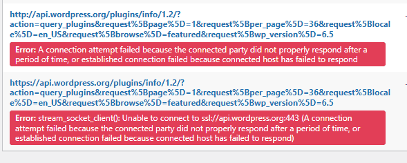 Error: stream_socket_client(): Unable to connect to ssl://api.wordpress.org:443 (screenshot from WP_HTTP debug)