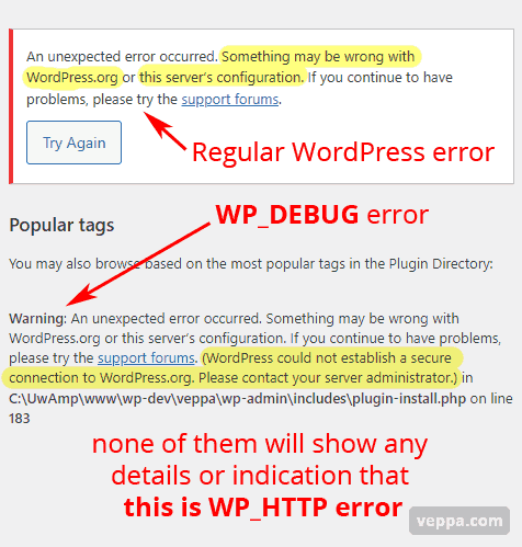 Not much helpful error message displayed on page when WP_DEBUG enabled. 