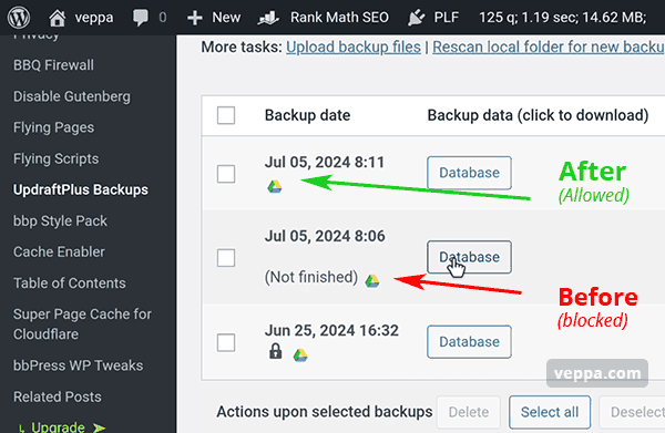 Before and After adding Allow rule for WP_HTTP request. Now backup sent to remote storage without problem.