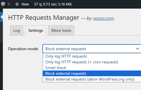 Select "Block External Requests" for operation mode in plugin settings.