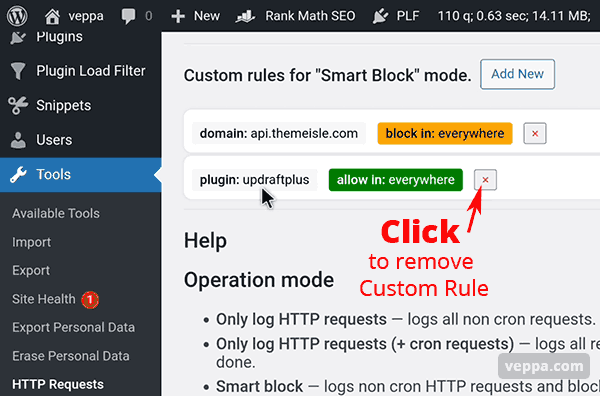 Remove previously added Allow WP_HTTP request rule by clicking (x) button next to rule. 