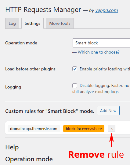 Remove existing WP_HTTP custom rules by clicking [x] button.