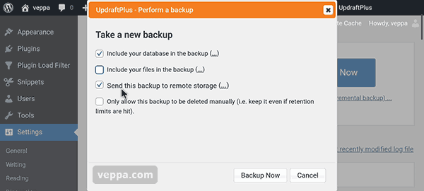 Select to backup database and send to remote storage (Google Drive) to see if it works.