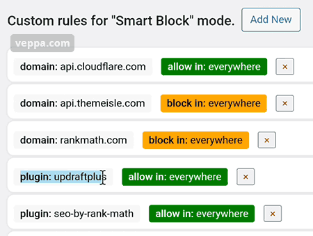 Custom rules to block or allow requests by domain or plugin.