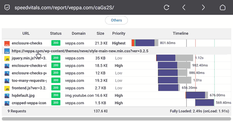 Page requests by loading time in form of a waterfall visible in speedvitals website. 