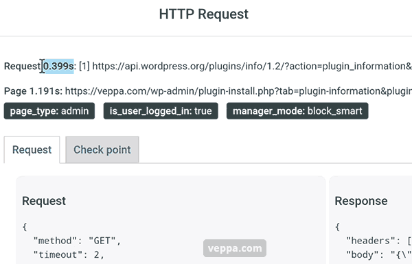 View WP_HTTP requests details. Request and response data, time to complete request and total page generation time.