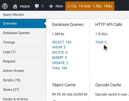 Query Monitor shows resource usage by MySQL queries and WP_HTTP requests. 