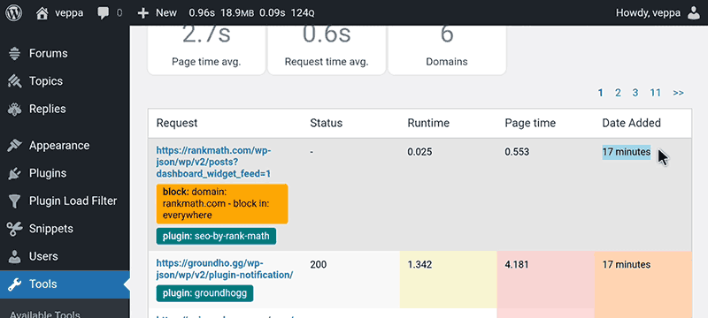 HTTP Requests Manager plugin shows latest WP_HTTP external requests made across different pages inside WordPress