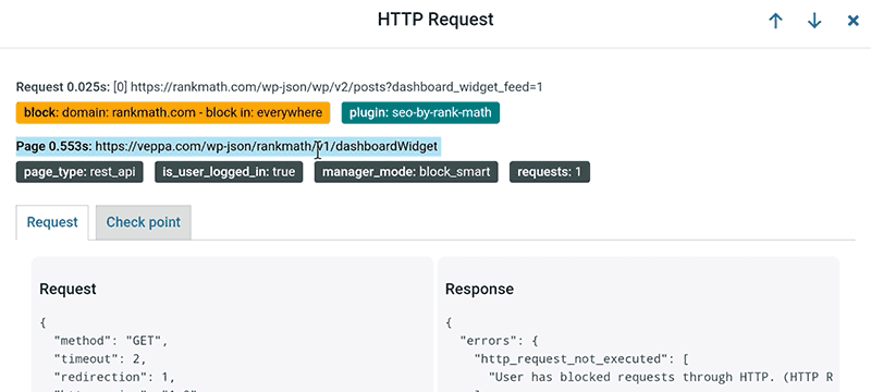 HTTP Requests Manager shows details of each WP_HTTP request when clicked on recorded log.