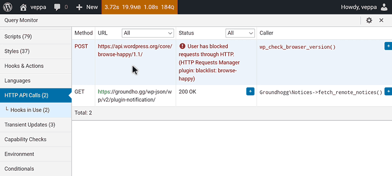 Query Monitor displays WP_HTTP external requests happening on current page. Related response status and errors, plugins initiating request.