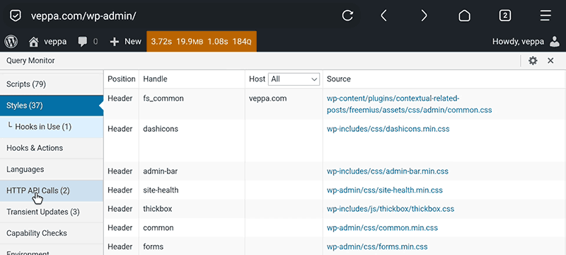 Query Monitor lists page assets like css, js used on current page.