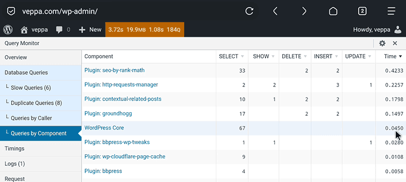 Query Monitor shows queries by plugins and core. You can spot plugins making many queries and slowing down your WordPress website. 