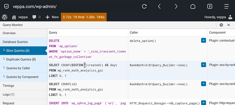 Query Monitor plugin overview shows slow MySQL database queries made on current page