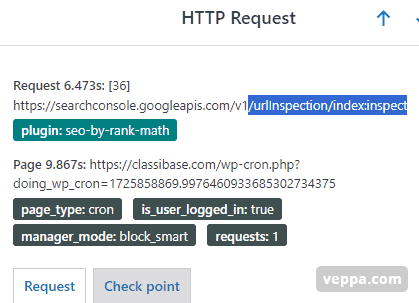 WP_HTTP request details related to Index Status API calls made by RankMath plugin.